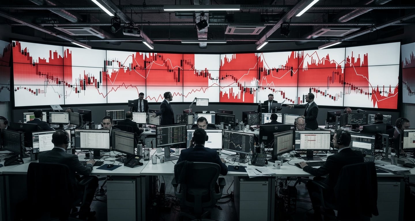 Trading floor with red market indices and oil price charts displayed on screens