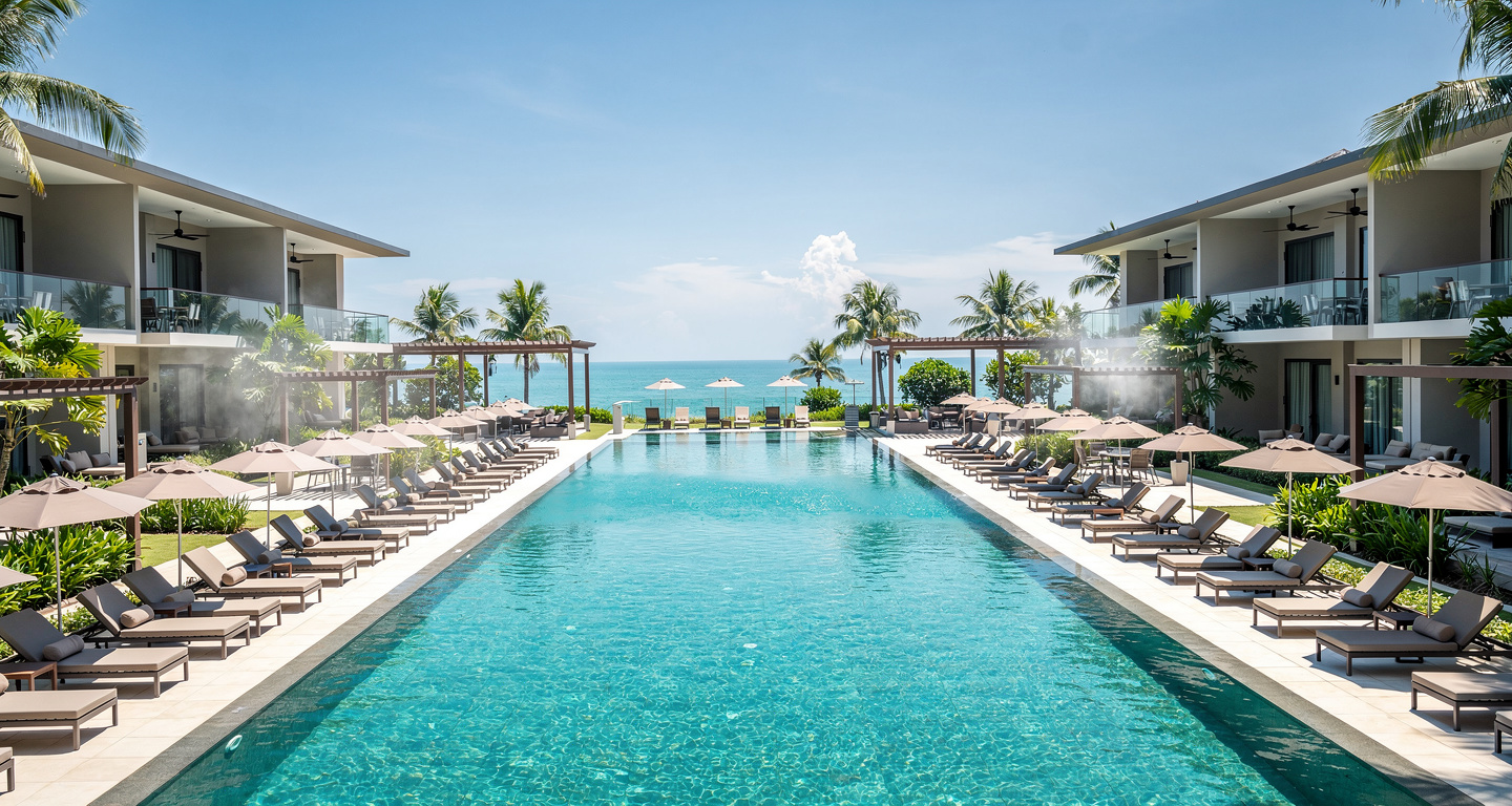 Tropical resort pool and cooling infrastructure, Phuket, Thailand