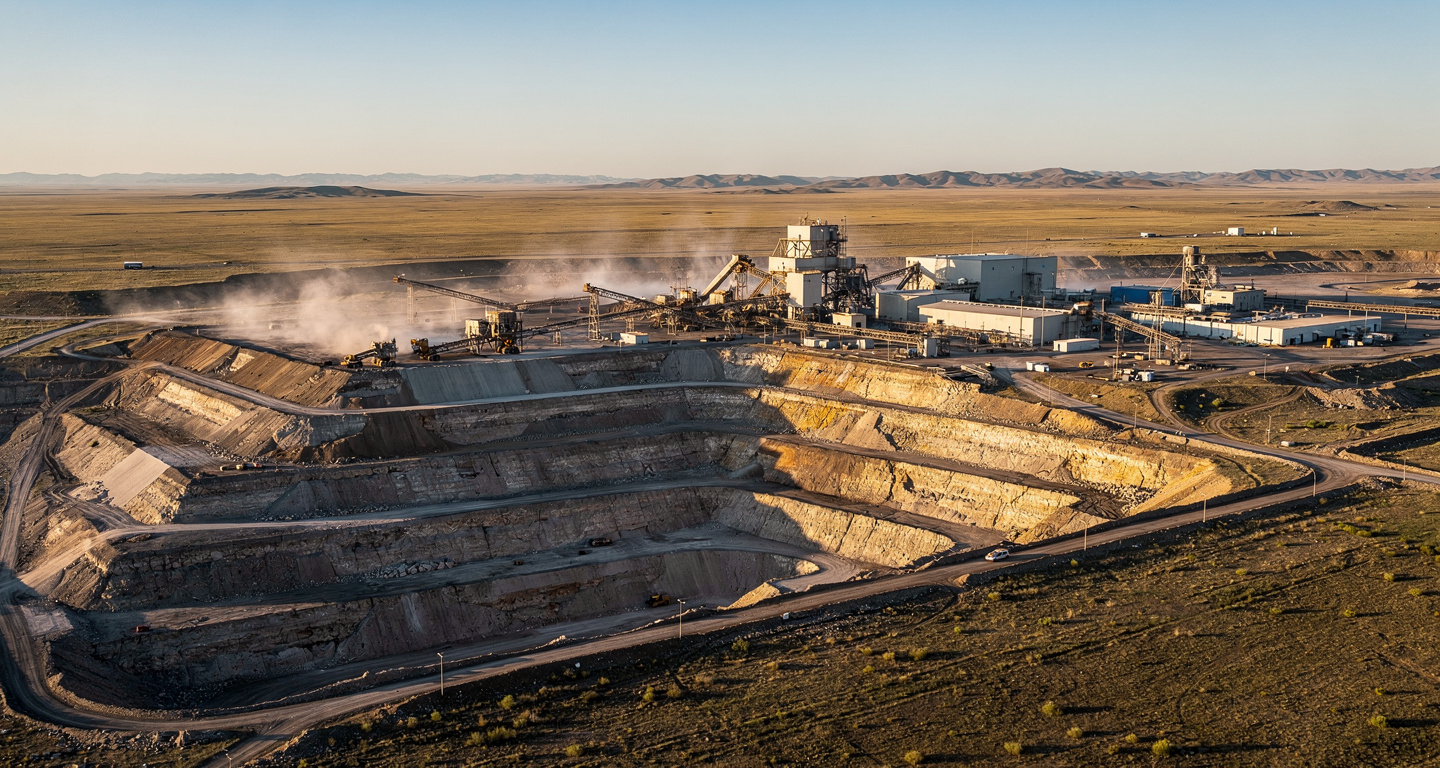 Uranium mining facility in Kazakhstan steppe with processing equipment and open pit