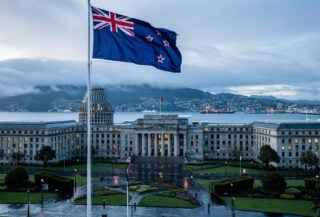 Wellington Parliament building overlooking harbor, New Zealand, formal diplomatic setting