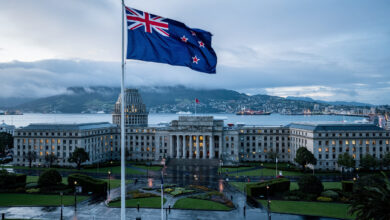 Wellington Parliament building overlooking harbor, New Zealand, formal diplomatic setting