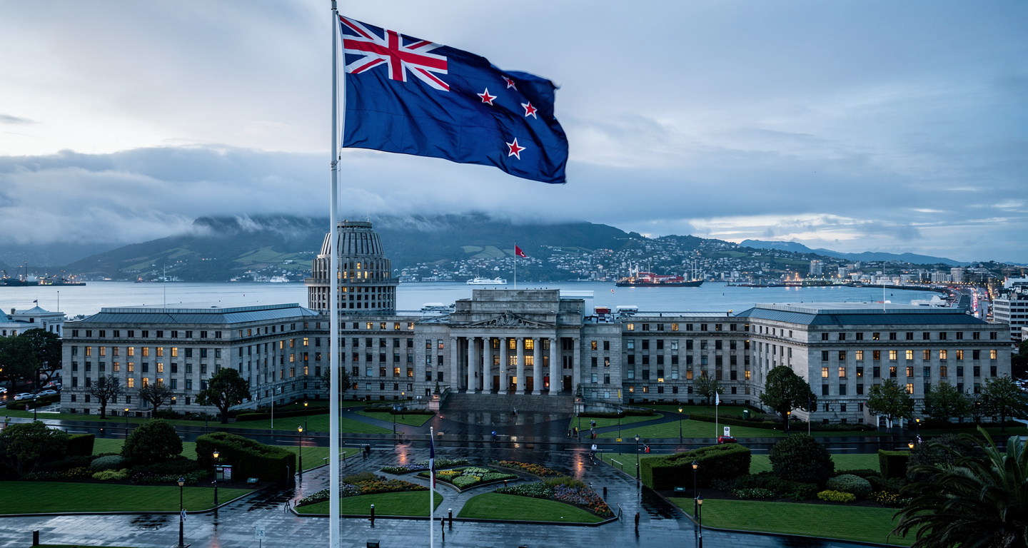 Wellington Parliament building overlooking harbor, New Zealand, formal diplomatic setting