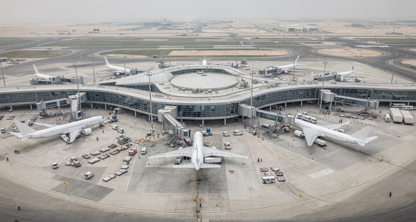 Wide-body aircraft at modern airport terminal gate in Gulf hub, daytime overcast lighting