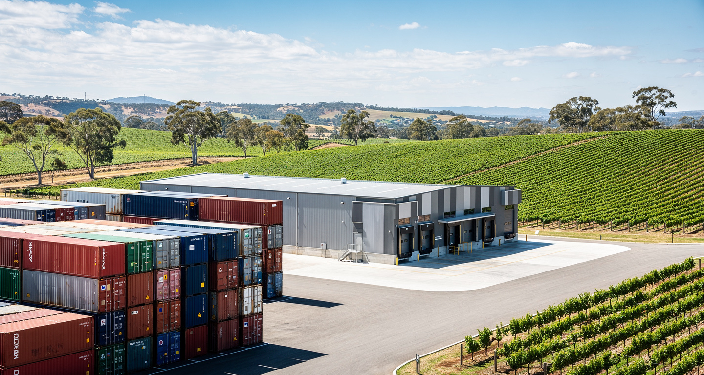 Wine export facility with shipping containers, rural Australia vineyard landscape