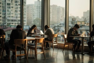 Young adults in Seoul café, morning light, urban isolation