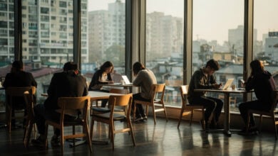 Young adults in Seoul café, morning light, urban isolation