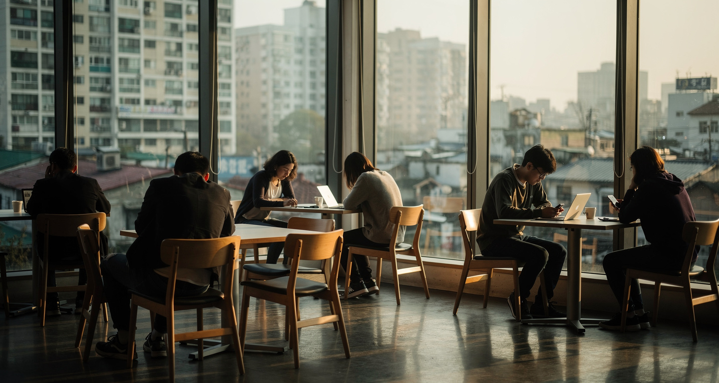 Young adults in Seoul café, morning light, urban isolation