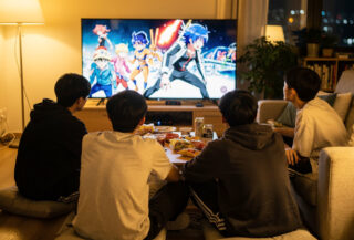 Young people streaming anime together in a modern East Asian apartment interior