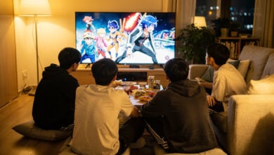 Young people streaming anime together in a modern East Asian apartment interior