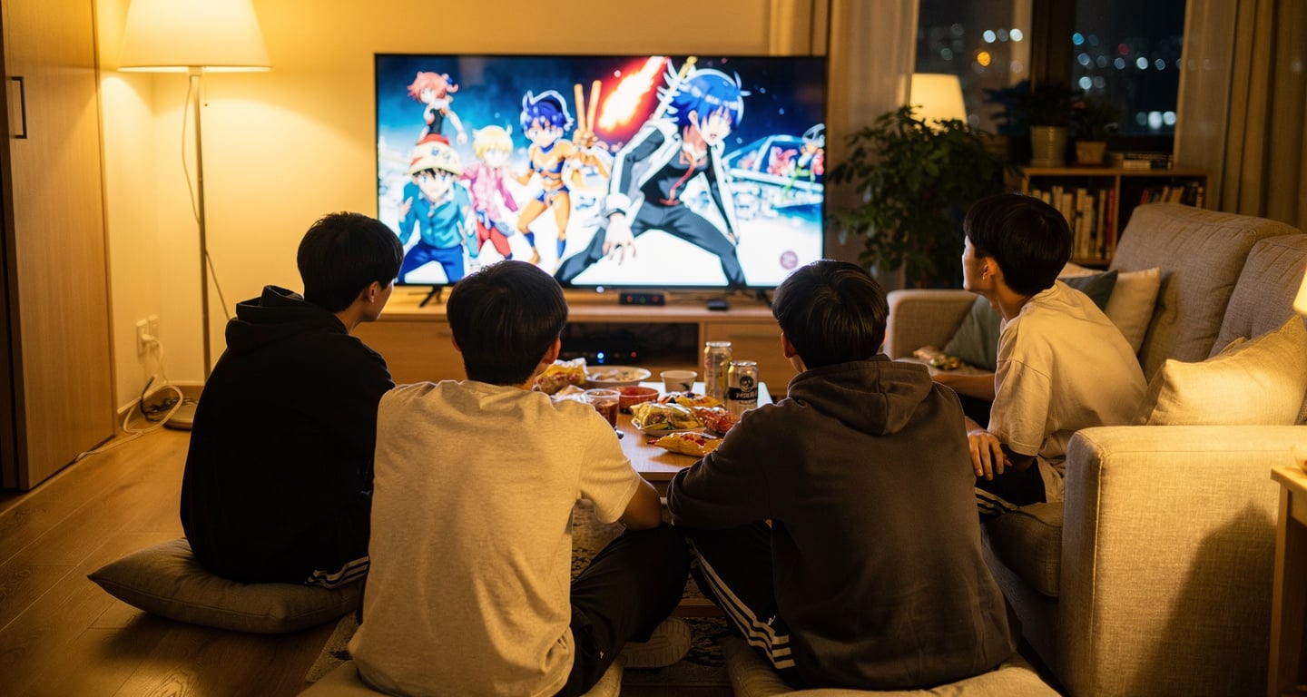 Young people streaming anime together in a modern East Asian apartment interior