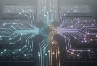 Abstract algorithmic filtering visualization with interconnected nodes and diverging pathways