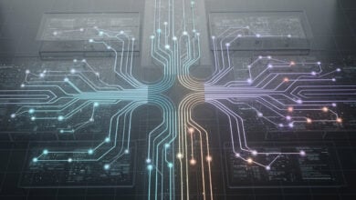 Abstract algorithmic filtering visualization with interconnected nodes and diverging pathways