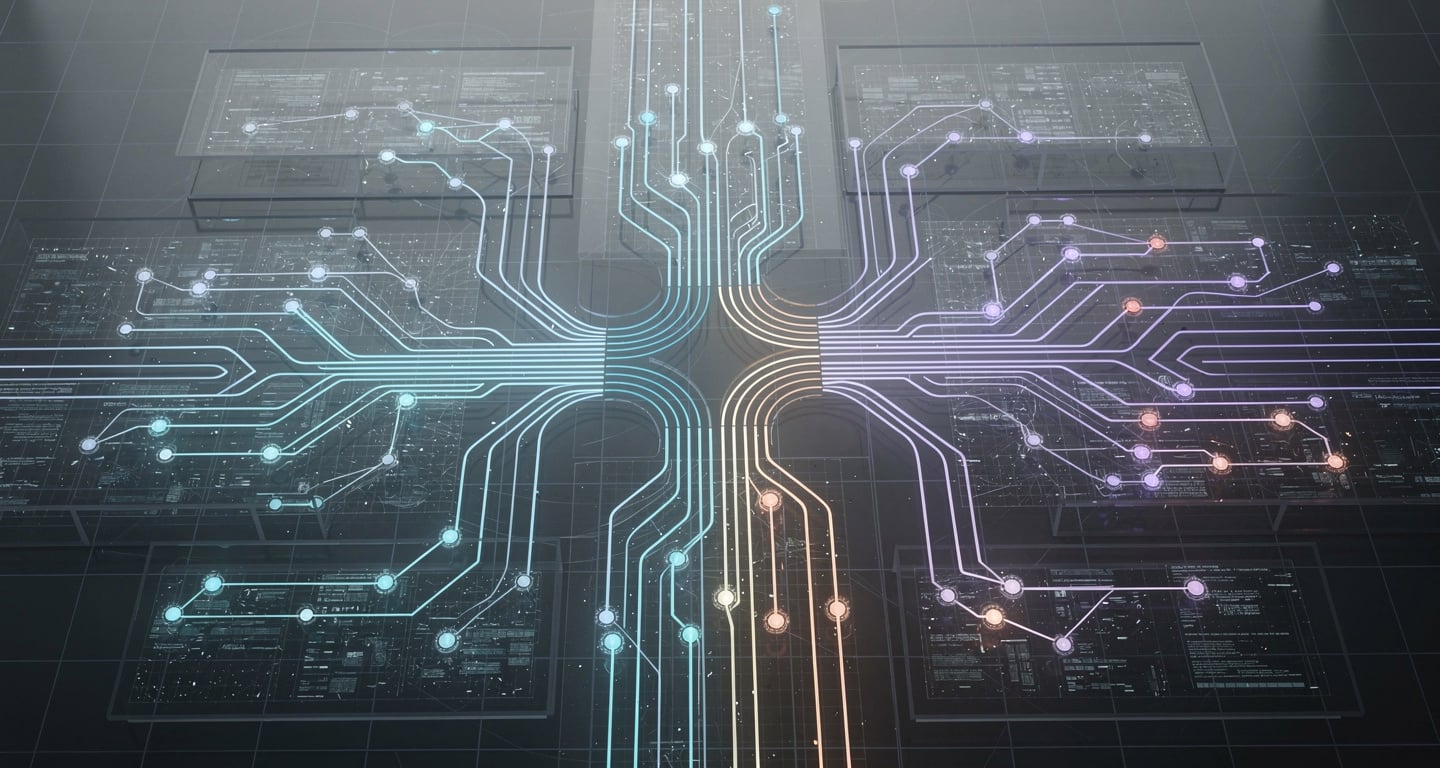 Abstract algorithmic filtering visualization with interconnected nodes and diverging pathways
