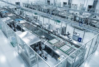Advanced GPU semiconductor chips in clean-room manufacturing facility under precise lighting