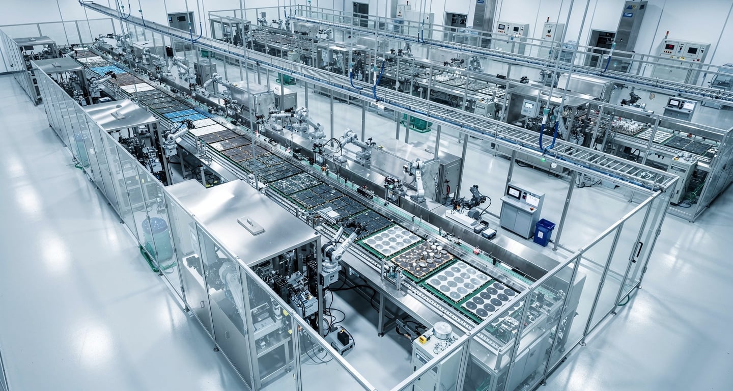 Advanced GPU semiconductor chips in clean-room manufacturing facility under precise lighting
