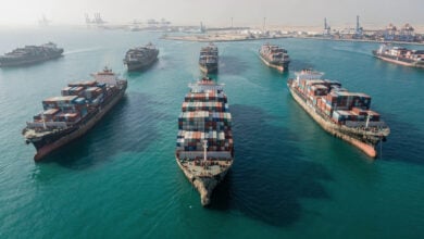 Aerial view of container ships anchored in Persian Gulf with visible hull fouling