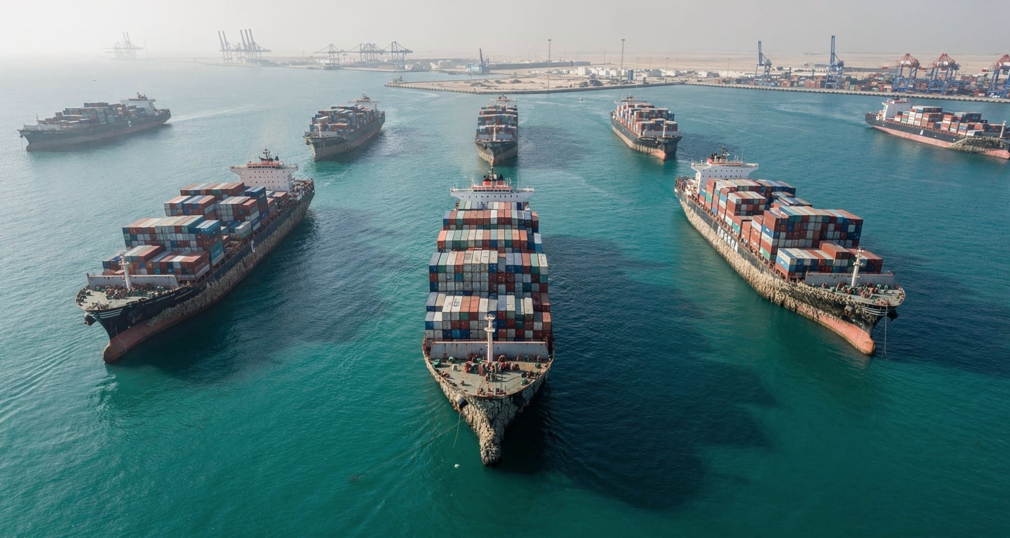 Aerial view of container ships anchored in Persian Gulf with visible hull fouling