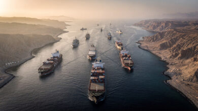 Aerial view of Strait of Hormuz with container ships and tankers in narrow waterway