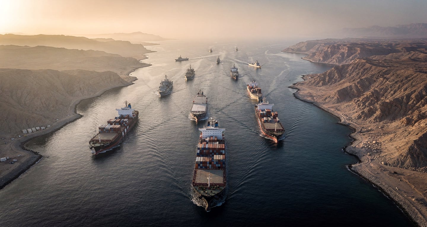 Aerial view of Strait of Hormuz with container ships and tankers in narrow waterway