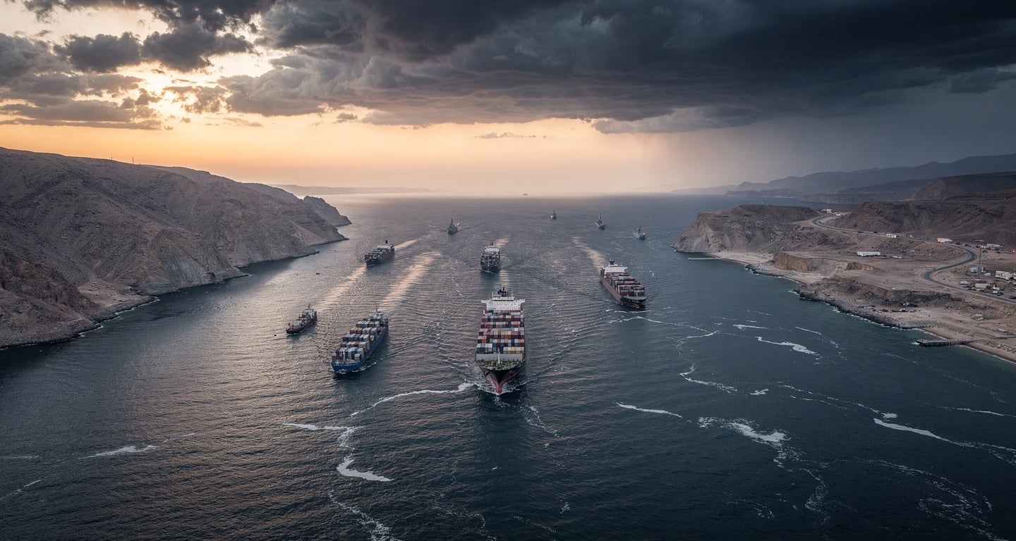 Aerial view of Strait of Hormuz with tanker ships transiting narrow waterway between Iran and Oman