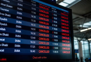 Airport departure board with cancelled Middle East flights, red warning text, modern terminal
