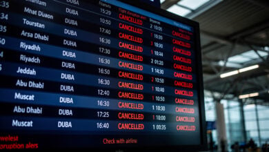 Airport departure board with cancelled Middle East flights, red warning text, modern terminal