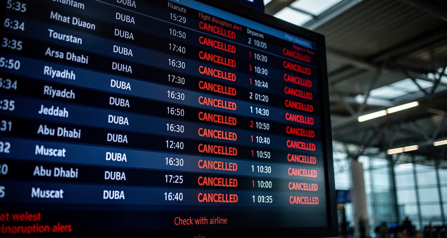 Airport departure board with cancelled Middle East flights, red warning text, modern terminal