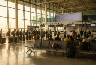 Airport terminal with travelers at check-in counters, Southeast Asia, morning light