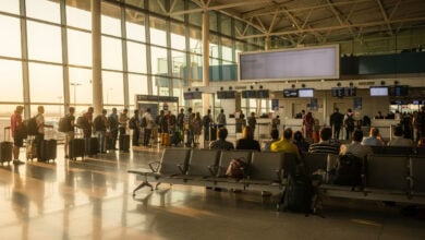 Airport terminal with travelers at check-in counters, Southeast Asia, morning light