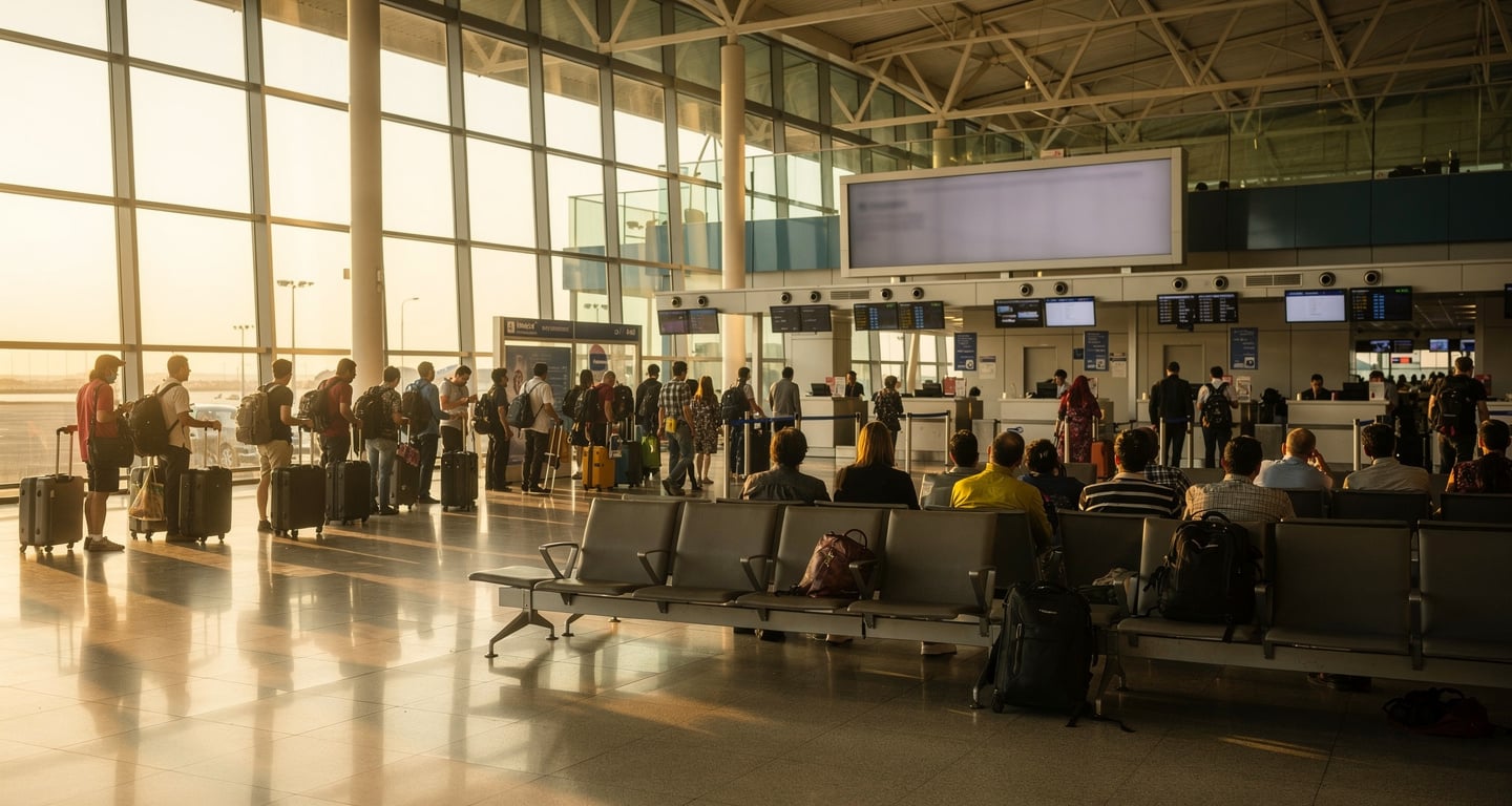 Airport terminal with travelers at check-in counters, Southeast Asia, morning light