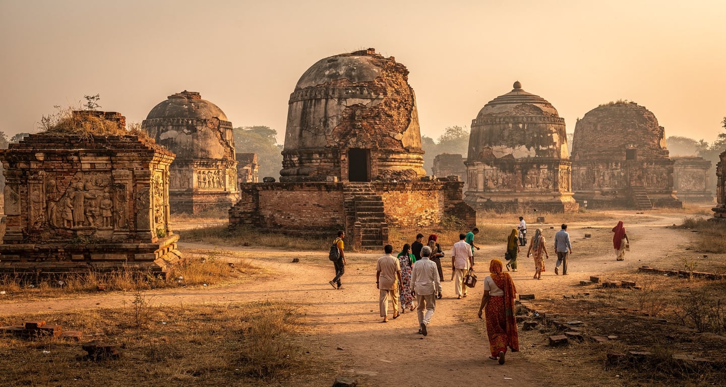 Ancient Buddhist stupa ruins at Sarnath, Uttar Pradesh, with pilgrims in afternoon light