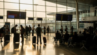Bangkok airport departure hall with travelers and flight displays, morning light