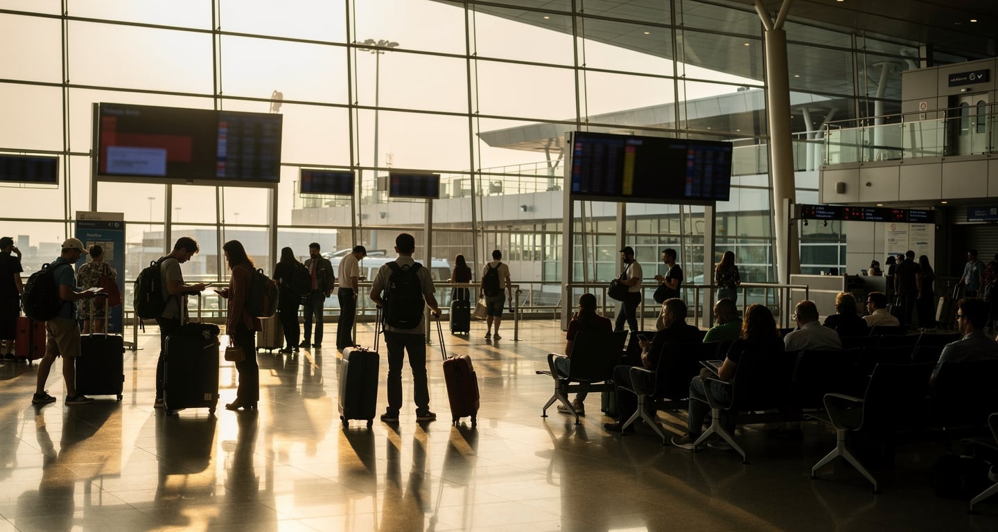 Bangkok airport departure hall with travelers and flight displays, morning light