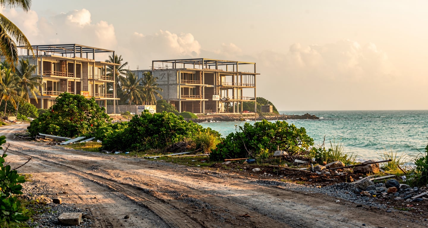 Beachfront resort under construction in Phu Quoc, Vietnam with unpaved access road