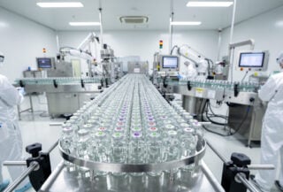 Biosimilar vials in pharmaceutical manufacturing clean room, South Korea facility