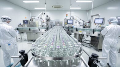 Biosimilar vials in pharmaceutical manufacturing clean room, South Korea facility