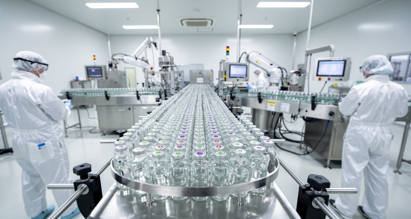 Biosimilar vials in pharmaceutical manufacturing clean room, South Korea facility