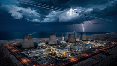 Bushehr nuclear power plant on Persian Gulf coast with military aircraft overhead