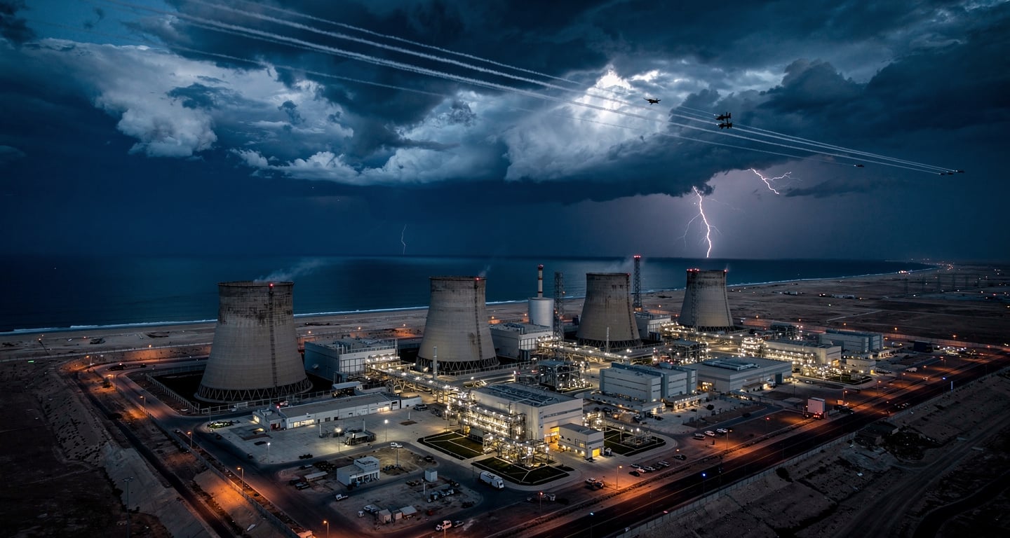 Bushehr nuclear power plant on Persian Gulf coast with military aircraft overhead