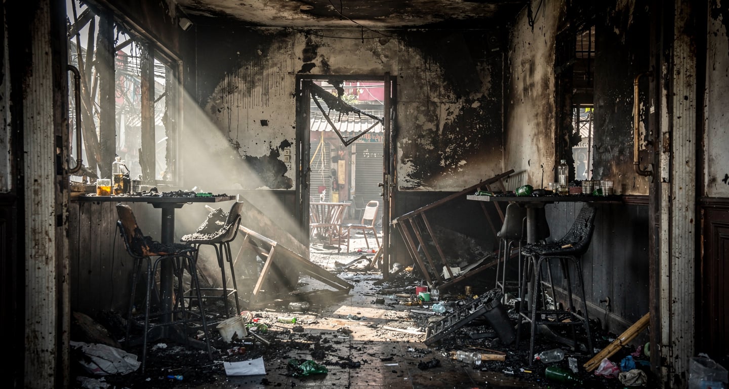 Charred interior of Bangkok bar with blocked emergency exit, smoke damage visible