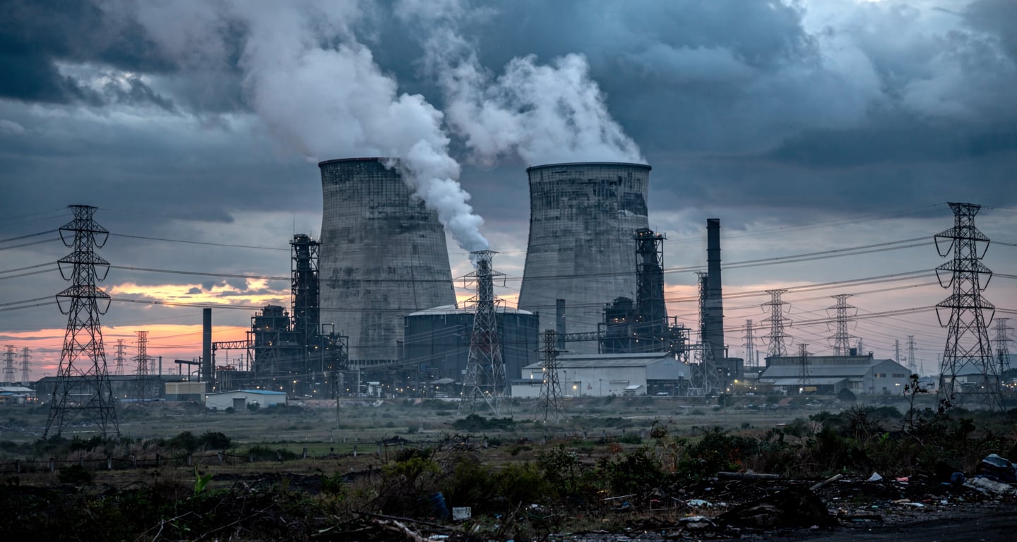 Coal power plant with cooling towers in Johor, Malaysia, industrial landscape at dusk
