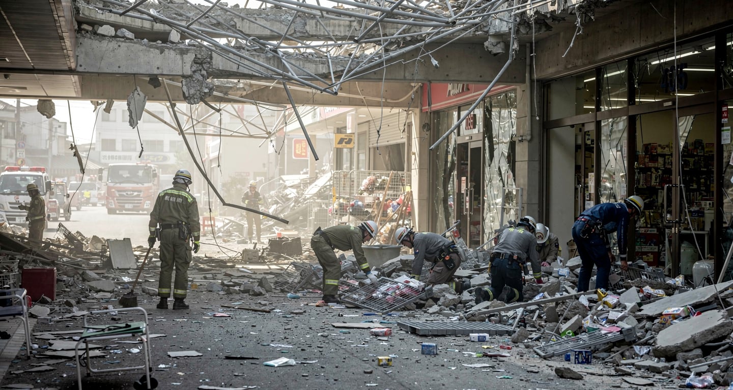Collapsed Aeon Mall in Kumamoto, Japan, with rescue workers searching through rubble