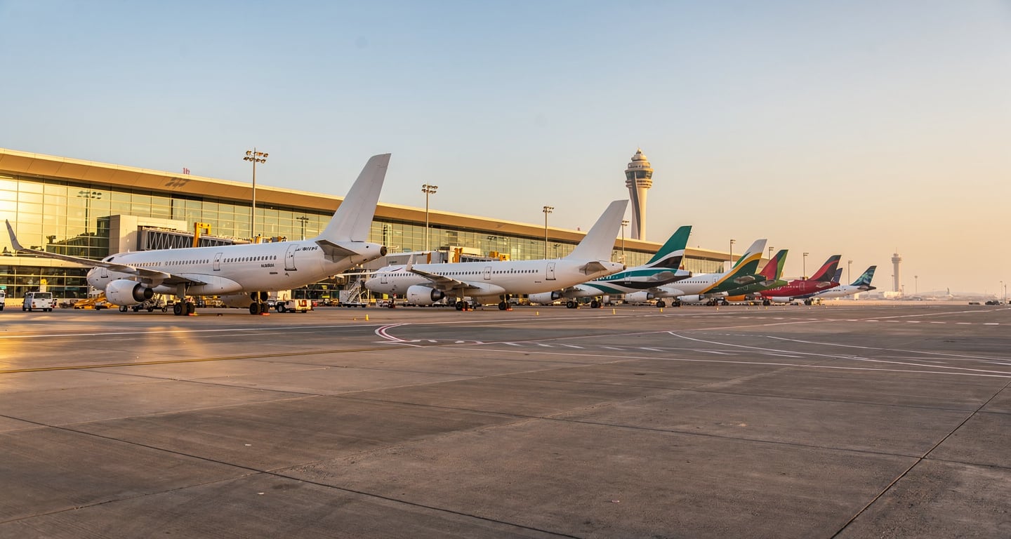 Commercial aircraft at Dubai International Airport terminal under morning light