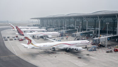 Commercial aircraft at Shanghai Pudong International Airport terminal, overcast daylight