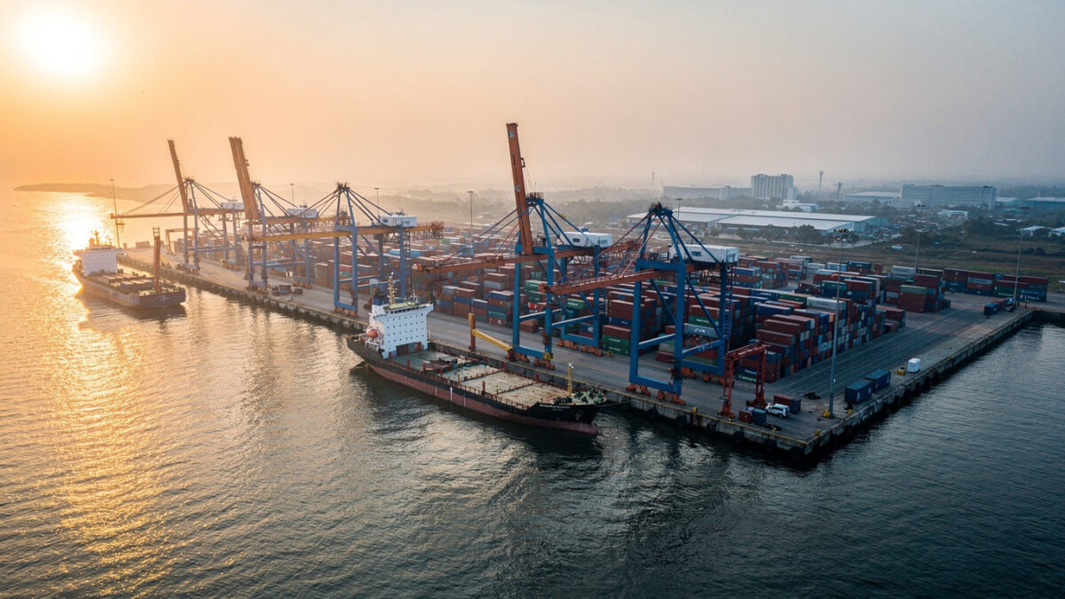 Container port at dawn, Bay of Bengal, Myanmar coast, industrial shipping infrastructure