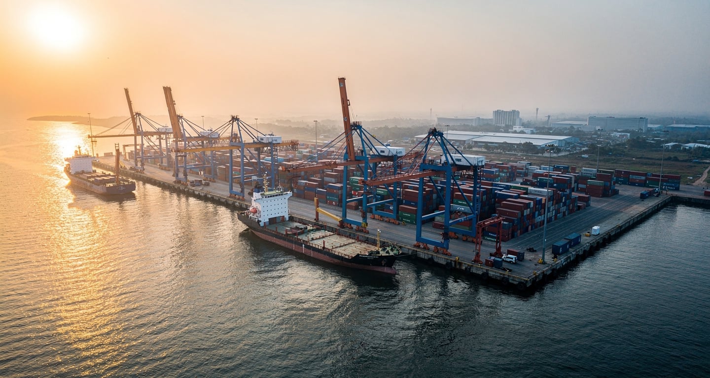 Container port at dawn, Bay of Bengal, Myanmar coast, industrial shipping infrastructure