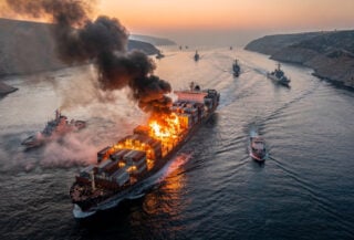 Container ship ablaze in narrow strait, military vessels visible, smoke across water