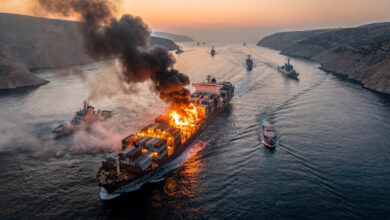 Container ship ablaze in narrow strait, military vessels visible, smoke across water