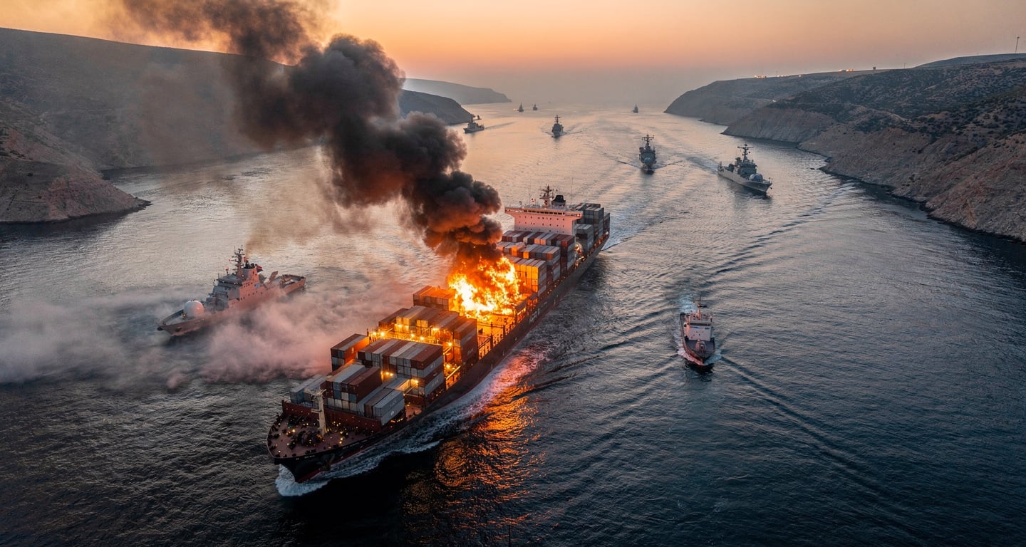 Container ship ablaze in narrow strait, military vessels visible, smoke across water