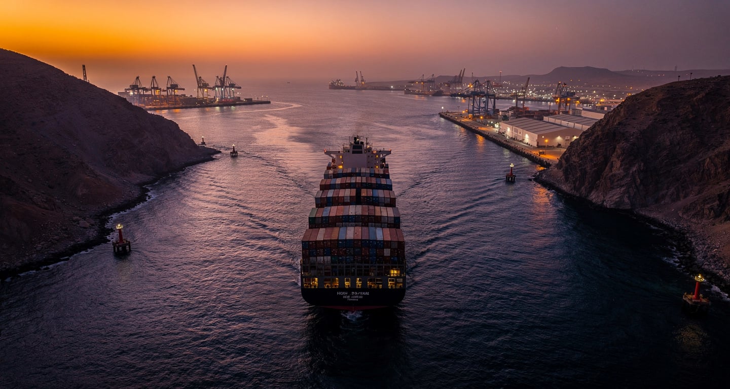 Container ship transiting narrow Red Sea strait with port infrastructure visible